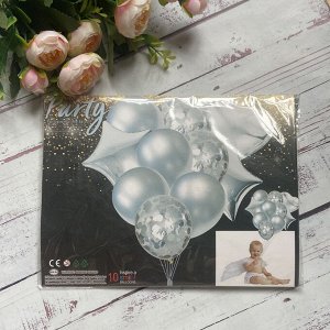 Воздушные шары н-р 7шт латекс 12" и 3 шт фольгированных сердца и звезды, цвет серебро