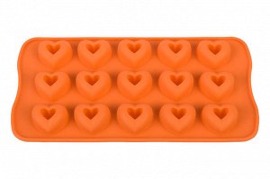 Форма д/шок изделий и льда 15 ячеек 21*10,5*2 см. "Сердечки" оранжевая, с выемкой