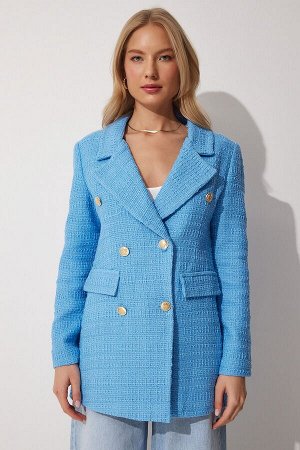 Женский синий твидовый пиджак на пуговицах WF00004