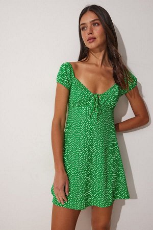 Женское зеленое мини-вязаное платье с рюшами и цветочным принтом UB00078