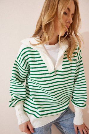 Женский вязаный свитер оверсайз с воротником-молнией в полоску костяного зеленого цвета VA00038
