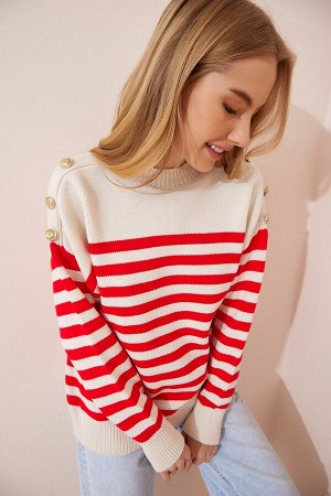 Женский кремово-красный трикотажный свитер в полоску с пуговицами US00868