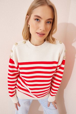 Женский кремово-красный трикотажный свитер в полоску с пуговицами US00868