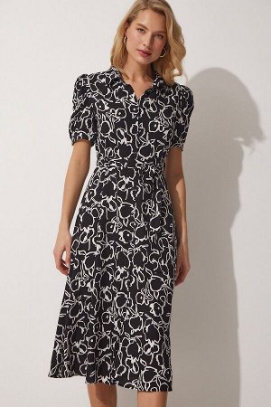 Женское летнее вискозное платье-рубашка с черно-белым узором MX00086
