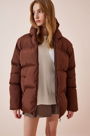 Женская коричневая куртка-пуховик оверсайз с капюшоном CI00055