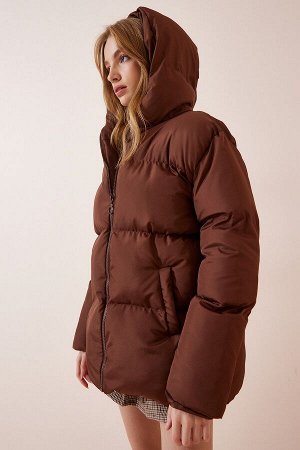Женская коричневая куртка-пуховик оверсайз с капюшоном CI00055