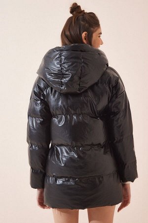Женская черная длинная пуховая куртка из искусственной кожи с капюшоном NJ00111
