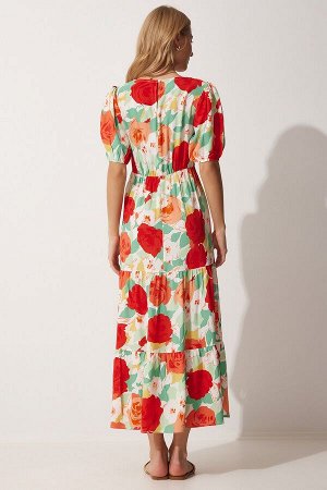 Женское красно-зеленое летнее тканое платье с v-образным вырезом и цветочным принтом HM00062