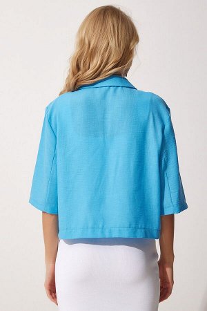 Женская летняя льняная куртка синего цвета с шалевым воротником BV00061