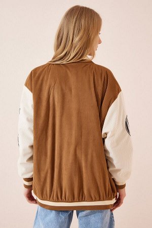 Женское пальто-бомбер унисекс с вышивкой светло-коричневого цвета для колледжа FN02985