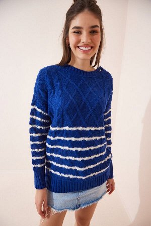 Женский синий трикотажный свитер в полоску с пуговицами на плечах LX00039
