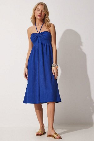 Женское темно-синее летнее трикотажное платье с бретелькой на шее CE00073