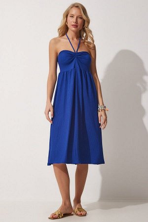 Женское темно-синее летнее трикотажное платье с бретелькой на шее CE00073