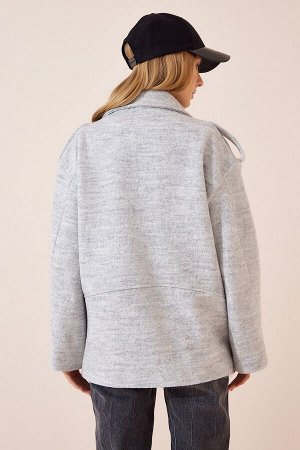 Женское толстое байкерское пальто оверсайз из серой меланжевой шерсти FN02978