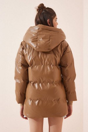 Женская длинная пуховая куртка Camel с капюшоном из искусственной кожи NJ00111