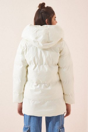 Женская кремовая длинная пуховая куртка из искусственной кожи с капюшоном NJ00111