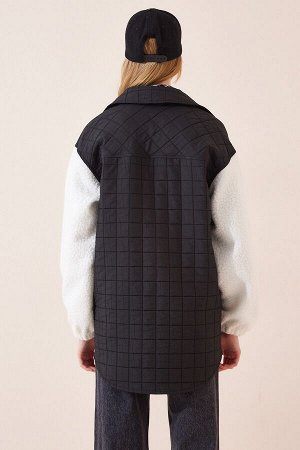 Женская черная куртка с воротником-поло и плюшевыми рукавами DD01146