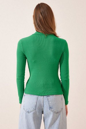 happinessistanbul Женская зеленая вязаная блузка с воротником на шнурке GT00054