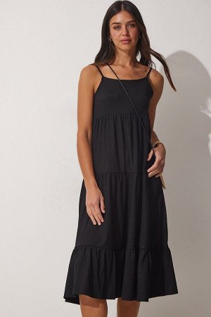 Женское черное летнее вязаное платье с воланами на бретелях UB00077