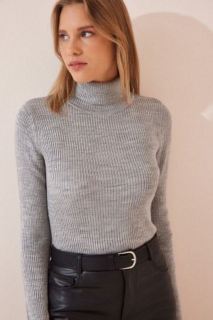 Женский серый вязаный свитер из лайкры с высоким воротником LU00012