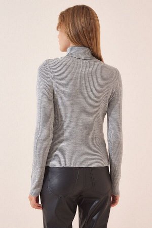 Женский серый вязаный свитер из лайкры с высоким воротником LU00012