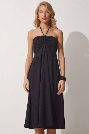 Женское черное летнее трикотажное платье с бретелькой на шее CE00073