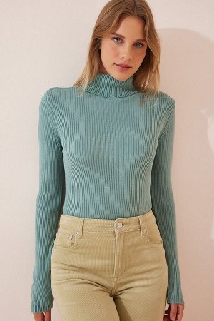 Женский зеленый вязаный свитер из лайкры с высоким воротником LU00012