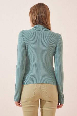 Женский зеленый вязаный свитер из лайкры с высоким воротником LU00012