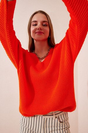 Женский оранжевый вязаный свитер с v-образным вырезом Selanik Oversize ZA00059