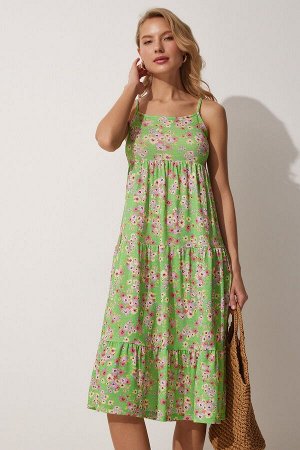 Женское зеленое летнее трикотажное платье на бретельках с цветочным принтом UB00068