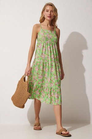 Женское зеленое летнее трикотажное платье на бретельках с цветочным принтом UB00068