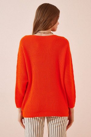Женский оранжевый вязаный свитер с v-образным вырезом Selanik Oversize ZA00059