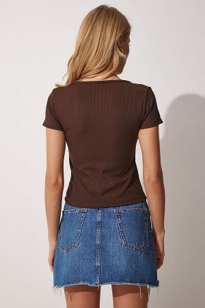 Женская коричневая укороченная трикотажная блузка с вырезом в форме сердца, 2 пары, MX00077