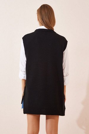 Женский черный трикотажный свитер с круглым вырезом на пуговицах YG00100