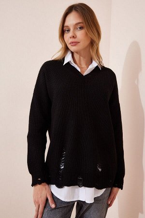 Женский черный рваный вязаный свитер с v-образным вырезом BV00030