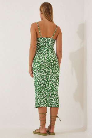 Женское зеленое летнее трикотажное платье с разрезом и цветочным принтом CI00029