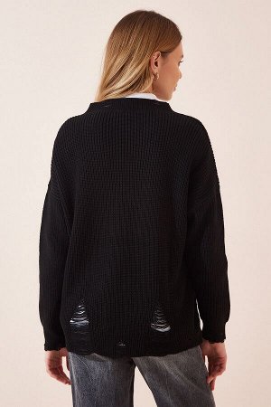 Женский черный рваный вязаный свитер с v-образным вырезом BV00030