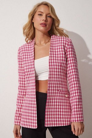 Женский розовый фактурный пиджак с рисунком «гусиные лапки» WF00025
