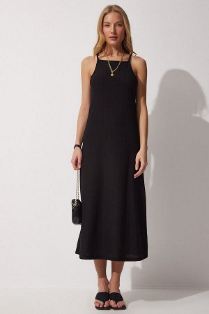 Женское черное летнее длинное трикотажное платье на бретелях DZ00078