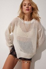 Женский кремовый асимметричный ажурный летний свитер MW00112