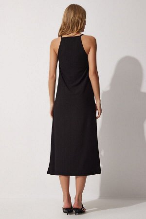 Женское черное летнее длинное трикотажное платье на бретелях DZ00078