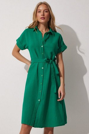 Женское зеленое льняное платье-рубашка с поясом MX00046