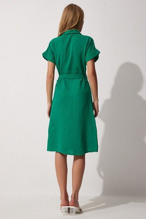 Женское зеленое льняное платье-рубашка с поясом MX00046