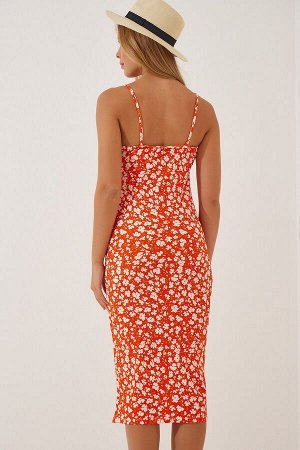 Женское оранжевое летнее трикотажное платье с разрезом и цветочным принтом CI00029