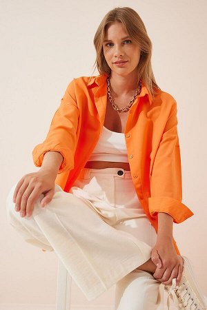 Женская оранжевая длинная базовая рубашка оверсайз DD00842