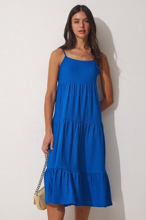 Женское синее летнее трикотажное платье с воланами на бретельках UB00077