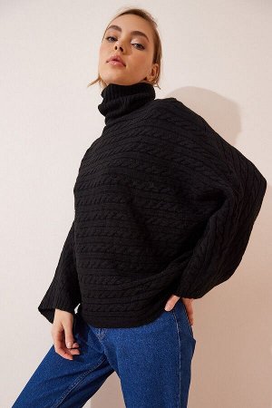 Женская черная водолазка оверсайз-пончо из трикотажного свитера US00873