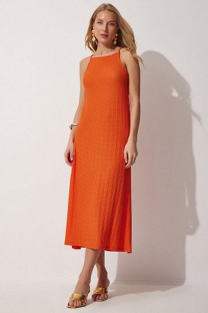 Женское оранжевое летнее длинное трикотажное платье на бретелях DZ00078