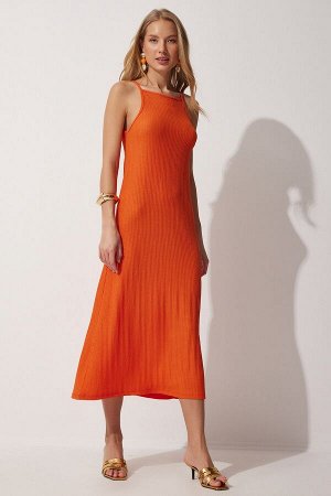 Женское оранжевое летнее длинное трикотажное платье на бретелях DZ00078