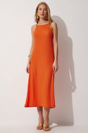 happinessistanbul Женское оранжевое летнее длинное трикотажное платье на бретелях DZ00078